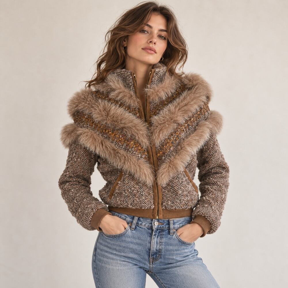 Vintage 80s Schjelde Knit Sweater Leather Fur Chevron Jacket S
